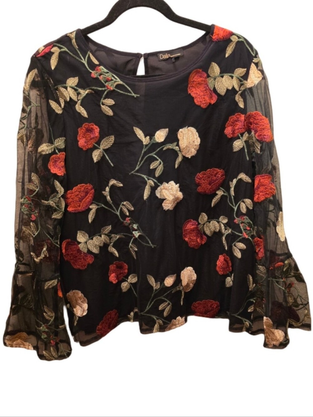 Floral Embroidered Mesh Bell Sleeve Blouse Black Boho Romantic Dalia L